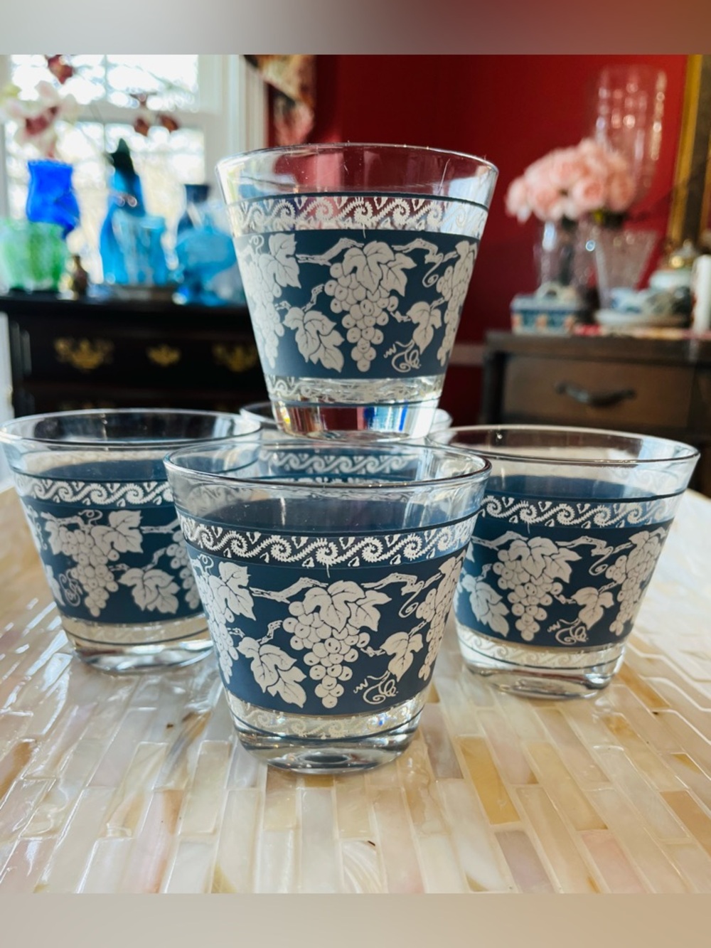 Hazel-Atlas Grape Design 3.25”T x 3.5”W Rocks Glasses- Set of 5 MCM